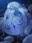  1girl air_bubble blue_eyes blue_hair blue_skin breasts bubble closed_mouth colored_skin hand_on_own_chest hand_up highres horns jellyfish jellyfish_girl looking_at_viewer medium_breasts original ruteko_(ruko220) solo tentacle_hair underwater 