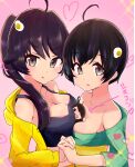  2girls araragi_karen araragi_koyomi araragi_tsukihi bakemonogatari black_eyes black_hair breasts cleavage closed_mouth egg_hair_ornament food-themed_hair_ornament hair_ornament highres long_hair looking_at_viewer miramira1908 monogatari_(series) multiple_girls nisemonogatari open_mouth short_hair siblings side_ponytail sisters 