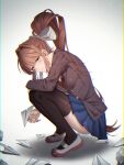  1girl black_thighhighs blazer blue_skirt bow brown_hair brown_jacket crumpled_paper doki_doki_literature_club from_side frown full_body green_eyes hair_ribbon highres holding holding_paper holding_paper_airplane jacket korean_commentary long_hair looking_at_viewer monika_(doki_doki_literature_club) onyang over-kneehighs paper paper_airplane ponytail ribbon school_uniform shoes simple_background skirt solo squatting thighhighs unhappy uwabaki white_background white_footwear white_ribbon 