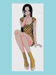  1girl black_hair blue_eyes boa_hancock breasts commentary_request dress earrings english_text full_body gloves hand_on_own_cheek hand_on_own_face happy_birthday hdksz_39 highres jewelry large_breasts long_hair looking_at_viewer one_piece polka_dot polka_dot_dress shoes simple_background sitting snake_earrings socks solo two-tone_background 
