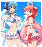  2girls ahoge arm_behind_back armband ball bangs beachball bell bikini blue_choker blue_eyes blue_hair blue_ribbon bow bracelet breasts choker closed_mouth cowboy_shot earrings frilled_armband frilled_bikini frills from_side hair_between_eyes hair_ornament hair_ribbon highres holding holding_innertube hololive hoshimachi_suisei innertube jewelry jingle_bell kaigaraori large_breasts long_hair medium_hair multiple_girls one_side_up open_mouth pendant pink_hair pink_innertube pov red_bow ribbon sakura_miko side_ponytail sky small_breasts star_(symbol) star_earrings star_in_eye swimsuit symbol_in_eye virtual_youtuber x_hair_ornament 