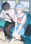  1boy 1girl absurdres ayanami_rei black_bag black_hair black_socks blue_hair highres ikari_shinji looking_at_viewer neon_genesis_evangelion peach_pit! red_eyes school_uniform short_hair sitting socks tokyo-3_middle_school_uniform train_interior walkman white_footwear window 