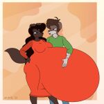  2022 anthro antoni_(satsumalord) beauty_mark belly big_belly bird_dog black_hair bottomwear breasts brown_body brown_eyes brown_fur brown_hair butt canid canine canis carlita_(satsumalord) clothing digital_media_(artwork) domestic_dog dress duo female fur hair hand_on_hip hand_on_stomach hi_res hunting_dog hyper hyper_belly labrador male mammal multicolored_body multicolored_fur pants retriever satsumalord shirt spots spotted_body spotted_fur tongue tongue_out topwear two_tone_body two_tone_fur 