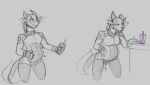  alphax10 anthro belly_inflation beverage blue_eyes blush clothed clothing dragon ellie_(alphax10) female holding_beverage holding_object inflation sketch solo transformation 
