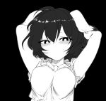  1girl alternate_breast_size armpits arms_behind_head arms_up bangs blush breasts bright_pupils closed_mouth commentary dress expressionless greyscale hair_between_eyes inaba_tewi large_breasts looking_at_viewer mizuga monochrome short_hair simple_background solo symbol-only_commentary touhou upper_body 