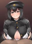  1boy 1girl akitsu_maru_(kancolle) akitsu_maru_kai_(kancolle) black_eyes black_hair black_headwear black_thighhighs breasts cum cum_on_body cum_on_breasts gloves hal_(h_lambda_l) hat hetero highres kantai_collection large_breasts long_sleeves military military_uniform paizuri paizuri_under_clothes peaked_cap pov second-party_source short_hair solo_focus thighhighs uniform white_gloves 