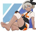  1girl arm_support bangs barefoot bea_(pokemon) black_bodysuit black_hairband blue_background bodysuit bodysuit_under_clothes border bow_hairband commentary dark-skinned_female dark_skin feet full_body gloves gradient gradient_background grey_eyes grey_hair hairband hand_on_own_knee highres knee_up leaning_back legs looking_at_viewer open_mouth partially_fingerless_gloves patterned_background pokemon pokemon_(game) pokemon_swsh print_shirt print_shorts shirt short_eyebrows short_hair short_sleeves shorts sidelocks single_glove sitting softhanten soles solo sweatdrop thick_eyebrows thighs tied_shirt toes twitter_username white_border 