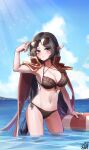  1girl adele_(maplestory) adjusting_eyewear alternate_costume bikini black_bikini black_hair blush breasts cape cleavage closed_mouth cloud criss-cross_halter dated grey_eyes halterneck highres horizon innertube kokukyukeo long_hair looking_at_viewer low_twintails maplestory mole mole_on_breast navel ocean photoshop_(medium) pointy_ears side-tie_bikini_bottom sidelocks signature solo sunglasses sunlight swimsuit twintails wading water 