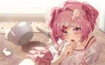  1girl animal_print blush bowl cat_print cooking doki_doki_literature_club eyelashes food food_on_clothes food_on_face food_on_hair food_on_hand hair_ornament hair_ribbon highres indoors licking licking_finger light_particles light_rays long_eyelashes looking_at_viewer multicolored_eyes natsuki_(doki_doki_literature_club) onyang pink_eyes pink_hair pink_skirt purple_eyes red_ribbon refrigerator ribbon short_hair short_twintails signature skirt solo tearing_up tile_floor tiles twintails whisk x_hair_ornament yellow_eyes 