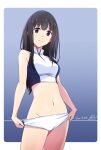  1girl bangs black_hair buruma buruma_pull closed_mouth cowboy_shot dated highres inoue_takina long_hair looking_at_viewer lycoris_recoil navel nii_manabu pulled_by_self purple_eyes signature solo sports_bikini standing stomach white_buruma 