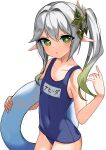  1girl arm_up bcag. blue_one-piece_swimsuit covered_navel flat_chest genshin_impact gradient_hair green_eyes green_hair grey_hair highres innertube long_hair looking_at_viewer multicolored_hair nahida_(genshin_impact) pointy_ears school_swimsuit side_ponytail simple_background solo swimsuit thighs two-tone_hair white_background 