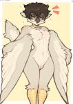  &lt;3 2022 anthro avian beak biped bird black_hair border claweddrip collar digital_media_(artwork) eyewear feathered_wings feathers female genitals glasses grey_body grey_feathers hair happy hi_res navel non-mammal_navel pussy round_glasses simple_background solo white_border winged_arms wings yellow_background 