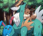  3k2xv ambiguous_gender azumarill blue_body blush brown_body cobalion detailed_background eevee feral forest fur generation_1_pokemon generation_2_pokemon generation_5_pokemon glistening glistening_body group hi_res horn legendary_pokemon long_ears nintendo open_mouth plant pokemon pokemon_(species) pupils quadruped slit_pupils smile tree trio video_games white_body white_fur wounded yellow_eyes 