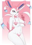  anthro blue_eyes breasts butt clothed clothing eeveelution female generation_6_pokemon gesture hi_res looking_at_viewer nintendo open_mouth pilu_(artist) pokemon pokemon_(species) pokemorph solo sylveon thick_thighs v_sign video_games white_body 