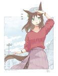  1girl alternate_costume animal_ears arm_up bangs blush bracelet breasts brown_hair building fine_motion_(umamusume) hair_between_eyes hat hidaka_kouyou highres horse_ears horse_girl horse_tail jewelry lamppost long_hair long_sleeves looking_at_viewer multicolored_hair necklace notice_lines open_mouth red_shirt shading_eyes shirt shirt_tucked_in signature sleeves_pushed_up small_breasts smile solo tail translation_request twitter_username two-tone_hair umamusume upper_body watch wristwatch 