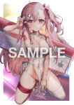  1girl asymmetrical_legwear barefoot blush braid breasts commission female_ejaculation fujisaki_eru girls&#039;_frontline half_updo large_breasts long_hair looking_at_viewer nail_polish negev_(girls&#039;_frontline) pink_eyes pink_hair sample_watermark side_ponytail skeb_commission solo squatting thigh_strap thighhighs wet wet_clothes 