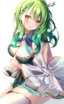 1girl absurdres amulet antlers blush braid breasts ceres_fauna cleavage dress french_braid green_hair highres hololive hololive_english large_breasts long_hair mihasu open_mouth parted_lips simple_background sitting solo virtual_youtuber white_background yellow_eyes zettai_ryouiki 