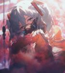  1girl absurdres bangs blue_eyes blue_hair blurry blurry_foreground commentary_request hair_ornament hatsune_miku head_tilt highres jacket konya_karasue long_hair long_sleeves looking_at_viewer orange_jacket own_hands_together respirator sleeves_past_wrists solo twintails upper_body vocaloid 