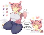  anthro big_breasts blush breasts clothed clothing english_text eyes_closed female generation_3_pokemon hair hi_res kneeling nintendo pink_hair pinshirulo pokemon pokemon_(species) pokemorph skitty smile solo text thick_thighs video_games 