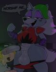  absurd_res anthro arm_warmers armwear balls bedroom_eyes big_balls big_breasts big_penis black_eyes blonde_hair bodily_fluids bottomwear bottomwear_down breasts canid canine canis chipchell clothing crossgender duo ear_piercing english_text female five_nights_at_freddy&#039;s five_nights_at_freddy&#039;s:_security_breach ftg_crossgender fti_crossgender genital_fluids genitals green_hair grey_body gynomorph hair hat headgear headwear hi_res human intersex intersex/female looking_at_viewer mammal multicolored_hair narrowed_eyes navel open_mouth penile penis penis_worship piercing precum roxanne_wolf_(fnaf) scottgames seductive shoulder_pads speech_bubble text thick_thighs tongue tongue_out topwear two_tone_hair vanessa_(fnaf) video_games white_body white_hair white_skin wolf 