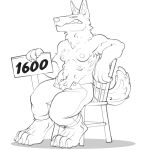  1:1 2022 anthro barefoot black_and_white bottomwear canid canine chair claws clothing digital_media_(artwork) feet female fur furniture holding_object holding_sign looking_at_viewer mammal milestone_celebration monochrome multi_nipple nipples pants showing_teeth sign simple_background sitting solo unbuttoned_pants were werecanid werecanine werewolf white_background xenopera 