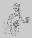  alphax10 anthro beverage blue_eyes blush clothed clothing dragon ellie_(alphax10) female holding_beverage holding_object sketch solo 