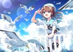  1girl :d absurdres animal bangs belt bird blue_eyes brown_hair buttons day double-breasted hand_on_own_forehead hand_on_railing hat highres long_hair nanahi_tsubaki neck_ribbon ocean open_mouth original pleated_skirt railing ribbon sailor_hat salute school_uniform seagull serafuku short_sleeves skirt sky smile solo thighhighs water 