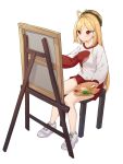  1girl absurdres ahoge blonde_hair canvas_(object) chair full_body hamburger_hat hat highres jingburger long_hair long_sleeves painting_(action) palette_(object) red_eyes red_shorts red_sweater shoes short_shorts shorts simple_background sitting smile sneakers solo sweater very_long_hair virtual_youtuber waktaverse white_background white_footwear white_sweater ziro_(zirorong) 