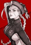  1girl antenna_hair arm_above_head beret braid braided_ponytail breasts cammy_white greyscale hat hungry_clicker limited_palette long_hair looking_at_viewer monochrome red_background scar scar_on_cheek scar_on_face solo street_fighter two-tone_background upper_body 