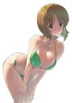  1girl absurdres bangs bare_arms bare_shoulders bent_over bikini breasts brown_eyes brown_hair cleavage commentary_request cowboy_shot fingernails girls_und_panzer green_bikini green_nails halterneck hands_on_own_thighs highres large_breasts looking_at_viewer nail_polish nishizumi_miho parted_lips sasaki_tatsuya shade short_hair side-tie_bikini_bottom simple_background solo standing string_bikini swimsuit white_background 