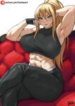  1girl abs batako_(pixiv54063972) blonde_hair breasts commission crossed_legs fingerless_gloves gloves green_eyes highres large_breasts long_hair looking_at_viewer midriff muscular muscular_female original patreon_username pointy_ears ponytail smile solo 