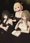  3girls absurdres bag bangs bare_shoulders black_choker black_dress black_hair blonde_hair bob_cut bracelet breasts brown_hair choker cleavage cup dress drinking_glass frilled_dress frills hair_between_eyes hair_ribbon hand_on_another&#039;s_shoulder handbag highres inoue_takina jewelry kawa_tamago large_breasts long_hair looking_at_viewer looking_to_the_side lycoris_recoil medium_breasts multiple_girls nakahara_mizuki necklace nishikigi_chisato off-shoulder_dress off_shoulder purple_eyes red_eyes red_ribbon ribbon short_hair shot_glass sitting strapless strapless_dress white_dress 