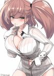  1girl atlanta_(kancolle) bangs blue_eyes blush bra bra_visible_through_clothes breasts brown_hair closed_mouth clothes_pull collarbone collared_shirt commentary_request earrings finger_to_mouth index_finger_raised jewelry kantai_collection large_breasts long_hair long_sleeves looking_at_viewer navel pinstripe_pattern pinstripe_shirt shirt shirt_pull simple_background standing star_(symbol) star_earrings striped takase_muh twintails twitter_username underwear vertical_stripes white_background white_bra white_shirt 