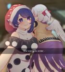  2girls angel_wings bangs black_capelet blush capelet car_interior doremy_sweet dress hat he_wants_to_order_(meme) kishin_sagume long_sleeves looking_at_viewer meme multiple_girls nightcap pom_pom_(clothes) purple_dress purple_eyes purple_hair red_headwear sakikagami short_hair single_wing smile snapchat touhou turtleneck wings 