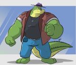  2022 alligator alligatorid anthro bottomwear bowsarthekoopa brok_(character) brok_the_investigator clothing crocodilian green_body hat headgear headwear hi_res male musclegut muscular muscular_male pants reptile scalie shirt simple_background solo topwear video_games 