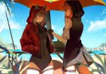  2girls animal_ears arknights bare_shoulders beach beach_umbrella black_jacket black_one-piece_swimsuit breasts cow cowboy_shot crownslayer_(arknights) cup day ears_through_headwear fingerless_gloves fishing_rod from_behind gloves grey_hair hair_between_eyes hair_ornament hairclip hands_in_pockets highleg highleg_swimsuit highres holding holding_cup hood hood_up hooded_jacket jacket looking_at_viewer looking_back multiple_girls open_clothes open_jacket orange_eyes orange_hair outdoors projekt_red_(arknights) red_jacket sideways_glance sleeveless sleeveless_jacket small_breasts swimsuit tail thigh_strap umbrella watanabe_kawa wolf_ears wolf_girl wolf_tail zipper_pull_tab 