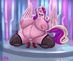  2022 absurd_res anthro areola big_breasts bodily_fluids breasts clothing derpx1 digital_media_(artwork) equid equine eyebrows eyelashes female fingers footwear friendship_is_magic genital_fluids genitals hasbro hi_res horn huge_breasts lactating legwear mammal my_little_pony nipples obese obese_anthro obese_female overweight overweight_anthro overweight_female pink_areola pink_nipples pink_pussy princess_cadance_(mlp) pussy pussy_juice solo spread_legs spreading winged_unicorn wings 
