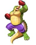  2022 absurd_res alligator alligatorid anthro bottomwear boxing_gloves boxing_shorts brok_(character) brok_the_investigator clothing crocodilian green_body handwear hi_res male musclegut reptile scalie shorts simple_background solo thebluebear27 video_games 