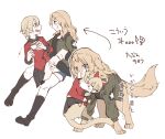  2girls animalization arrow_(symbol) bangs black_footwear black_shirt black_skirt blonde_hair blue_eyes blue_shorts boots braid brown_jacket carrying cat closed_eyes closed_mouth commentary cup darjeeling_(girls_und_panzer) dog emblem girls_und_panzer hasekura_(hachinochun) highres holding holding_cup jacket kay_(girls_und_panzer) long_hair long_sleeves looking_at_another military military_uniform miniskirt multiple_girls multiple_views open_mouth pleated_skirt princess_carry red_jacket saunders_military_uniform shirt short_hair short_shorts shorts simple_background sketch skirt smile spilling st._gloriana&#039;s_military_uniform standing star_(symbol) tea teacup thighhighs translated uniform white_background 