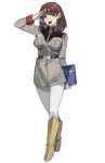  1girl belt breasts brown_eyes brown_hair earth_federation gundam gundam_lost_war_chronicles headset highres jacket large_breasts looking_at_viewer military military_jacket military_uniform noel_anderson open_mouth pantyhose short_hair smile solo white_pantyhose yamany 