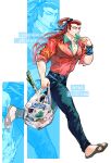  1boy alternate_costume an_ling_withered bag belt black_pants blue_belt blue_ribbon bracelet collared_shirt contemporary eating food full_body groceries hair_ribbon highres holding holding_bag holding_food holding_popsicle jewelry kibagami_genjuro lawson long_hair looking_at_viewer male_focus muscular muscular_male one_side_up pants partially_unbuttoned pectoral_cleavage pectorals plastic_bag popsicle projected_inset red_hair red_shirt ribbon samurai_spirits sandals shirt shirt_tucked_in sleeves_rolled_up solo spring_onion veins veiny_arms walking waraji wristband 