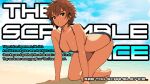  1girl all_fours beach bikini black_bikini blue_sky breasts brown_eyes brown_hair check_commentary cloud cloudy_sky collarbone commentary_request copyright_name cowboy_bebop day english_text highres kei_sakuragi looking_at_viewer median_furrow medium_breasts messy_hair official_art parted_lips picopico256 pixel_art sand shadow shiny_skin short_hair sky solo spiked_hair swimsuit teeth the_scramble_vice tomboy 