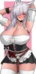  1girl animal_ear_fluff animal_ears apron armpits arms_behind_head belt black_bow black_corset bow breasts brown_belt center_frills cleavage corrupted_twitter_file corset cross-laced_clothes discordia_(vtuber) edmun6969 fox_ears fox_girl frills hair_bow hair_over_one_eye heart heart_in_eye highres indie_virtual_youtuber jewelry large_breasts long_braid long_hair mole mole_on_breast necklace red_bow red_eyes second-party_source solo symbol_in_eye thighhighs tongue virtual_youtuber waist_apron white_apron white_hair white_thighhighs 