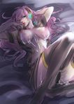  bad_id bad_pixiv_id blue_eyes breasts cum cum_on_body cum_on_breasts cum_on_upper_body facial headphones highres kyouko_(roughplus) large_breasts long_hair lying megurine_luka naughty_face on_back pink_hair sketch skirt smile solo thighhighs vocaloid 