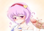  blush censored hairband handjob heart komeiji_satori mosaic_censoring off_shoulder pandain penis purple_eyes purple_hair short_hair solo_focus touhou 