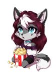 2017 alpha_channel annetpeas anthro blue_eyes brown_hair canid canine canis chibi clothing collar dipstick_tail female food fur grey_fur hair mammal multicolored_tail popcorn signature simple_background solo transparent_background wolf 