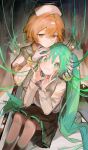  2girls :3 absurdres alternate_costume atama_momi_(vocaloid) black_skirt blush blush_stickers cable cheek_squash closed_mouth collared_shirt expressionless feet_out_of_frame gloves green_eyes green_hair hands_on_another&#039;s_head hands_on_own_chin hands_up hat hatsune_miku head_on_head head_rest highres jitome long_hair long_sleeves looking_at_viewer multiple_girls nurse_cap nurse_robot_type_t orange_eyes orange_hair plant pleated_skirt potted_plant puffy_short_sleeves puffy_sleeves shirt short_hair short_sleeves sitting skirt twintails utau very_long_hair vocaloid white_gloves white_shirt y_daoz 