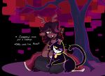  11:8 2025 alice_in_wonderland ambiguous_gender anthro black_background black_body black_hair brown_body cheshire_cat_(species) deer deltarune dess_holiday domestic_cat duo english_text felid feline felis female feral friend_(deltarune) hair hi_res horn mammal new_world_deer petting plant purring reindeer signature simple_background sitting stephsartlab text tree undertale_(series) 
