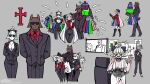  1boy 4girls absurdres animal_ears bag baphomet_(grizz) binoculars black_dress black_pants boots breasts cerberus_(helltaker) colorized cross demon demon_girl dog_ears dress furry goat_bodyguard_(grizz) goat_ears goat_girl goat_horns goat_tail grey_background grizz helltaker helltaker_(character) highres horns large_breasts lucifer_(helltaker) multiple_girls original pants pentagram red_cross red_shirt robe shirt shopping_bag thigh_boots vanripper_(style) white_dog white_hair white_robe 