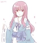  1girl alternate_hair_length alternate_hairstyle blue_dress blue_ribbon blue_sash blush breasts commentary_request dated dress frills hair_between_eyes koto_(shiberia39) long_dress long_sleeves no_headwear petals pink_eyes pink_hair puffy_long_sleeves puffy_sleeves ribbon saigyouji_yuyuko sash simple_background solo standing touhou white_background white_sleeve_cuffs 